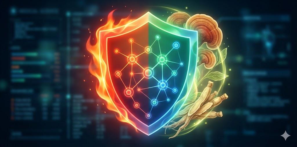 High-contrast thumbnail showing immune balance shifting from inflammation to regulation, supported by key immunomodulatory herbs like astragalus and reishi.