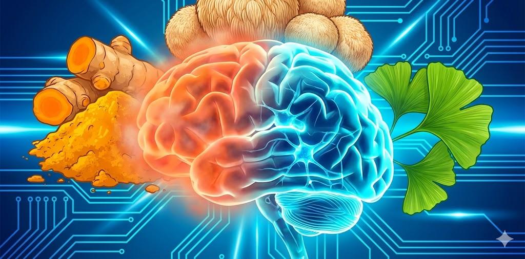 High-impact thumbnail of a brain shifting from foggy inflammation to clear neural networks, framed by lion’s mane, ginkgo, and turmeric to symbolize herbal neuroprotection and cognitive clarity.