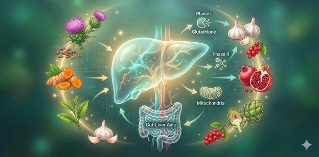 Scientific illustration of a glowing liver with detox pathways and surrounding herbs like milk thistle, turmeric, green tea, garlic, schisandra, pomegranate, and artichoke representing herbal detoxification mechanisms.