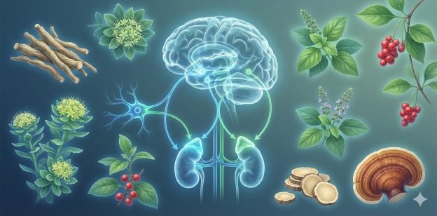 Scientific illustration of the HPA axis with adaptogenic herbs such as ashwagandha, rhodiola, holy basil, schisandra, eleuthero, and reishi surrounding neuroendocrine stress pathways. Adaptogens.