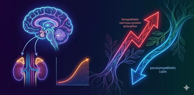 Diagram of the HPA axis, cortisol rhythms, and autonomic nervous system balance with subtle botanical elements representing adaptogenic stress modulation.