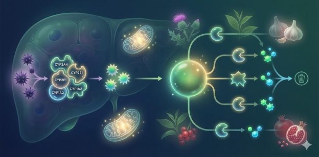 Diagram of hepatic Phase I and Phase II detoxification with cytochrome P450 enzymes, glutathione conjugation, and mitochondria, subtly linked to herbs like milk thistle, garlic, green tea, schisandra, and pomegranate.