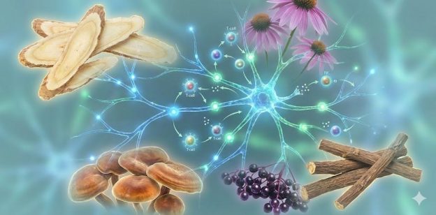 Scientific illustration showing immune cells, cytokine pathways, and major immunomodulatory herbs such as astragalus, medicinal mushrooms, echinacea, elderberry, and licorice root.