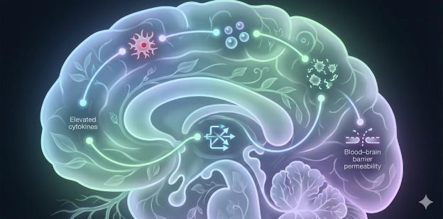 Diagram of neuroinflammation pathways—microglia, cytokines, NF-κB, oxidative stress, and blood–brain barrier disruption—with subtle herbal elements indicating how botanicals reduce brain inflammation.