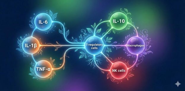 Diagram of immune pathways—including cytokines, T-regulatory cells, macrophages, and NK cells—showing how herbal compounds help regulate immune function.