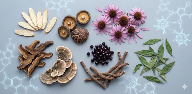 Flat-lay of major immunomodulatory herbs including astragalus, reishi mushrooms, echinacea, elderberries, licorice root, and andrographis displayed in a scientific arrangement.